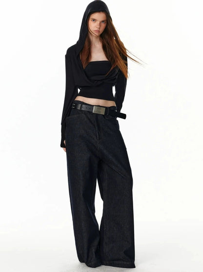 ALINNV STUDIO V-Neck Striped Ribbed Hooded Wool Sweater T-shirt