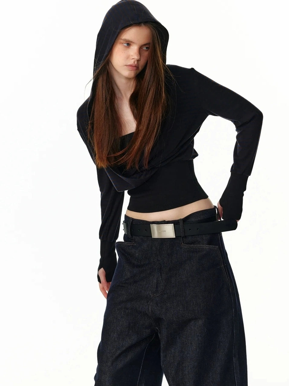 ALINNV STUDIO V-Neck Striped Ribbed Hooded Wool Sweater T-shirt