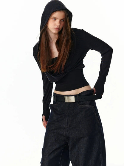 ALINNV STUDIO V-Neck Striped Ribbed Hooded Wool Sweater T-shirt