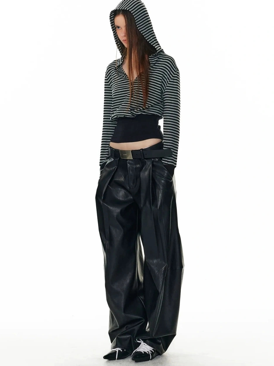 ALINNV STUDIO V-Neck Striped Ribbed Hooded Wool Sweater T-shirt