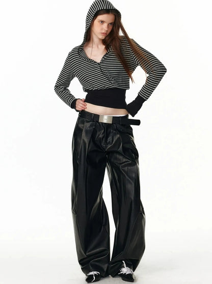 ALINNV STUDIO V-Neck Striped Ribbed Hooded Wool Sweater T-shirt