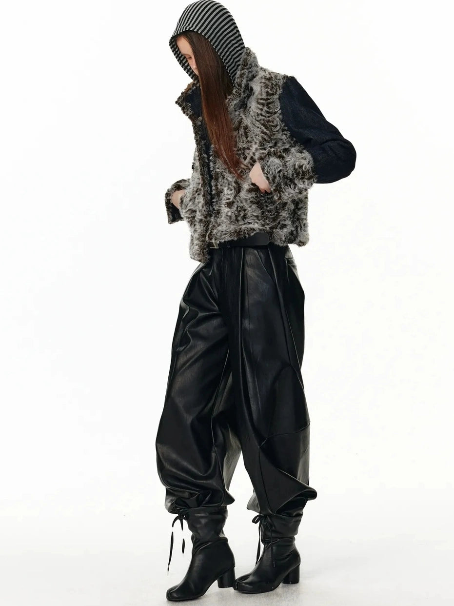 ALINNV STUDIO V-Neck Striped Ribbed Hooded Wool Sweater T-shirt