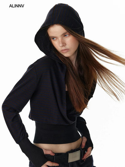 ALINNV STUDIO V-Neck Striped Ribbed Hooded Wool Sweater T-shirt