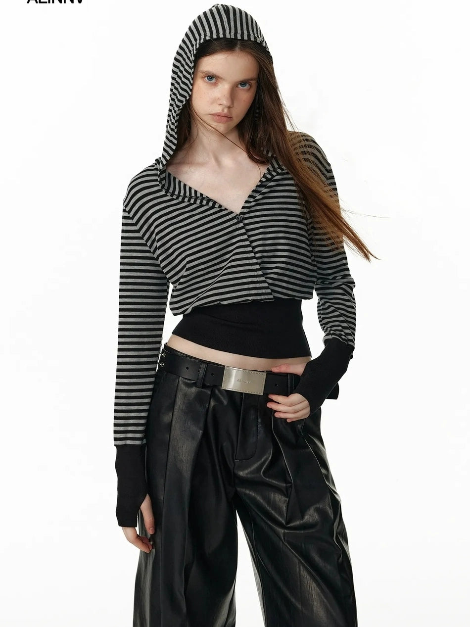 ALINNV STUDIO V-Neck Striped Ribbed Hooded Wool Sweater T-shirt