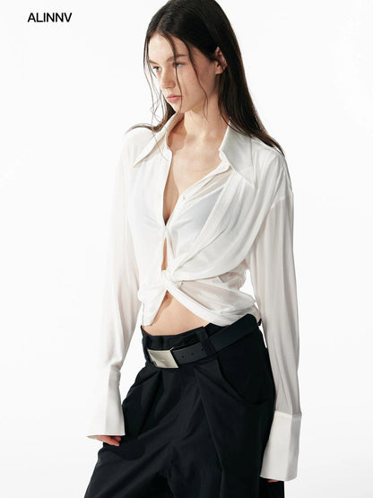 ALINNV STUDIO V-Neck Twist Detail Blouse With Flowy Sleeves Shirts