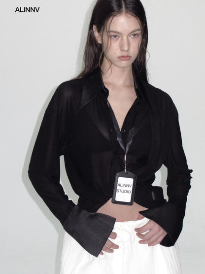 ALINNV STUDIO V-Neck Twist Detail Blouse With Flowy Sleeves Shirts