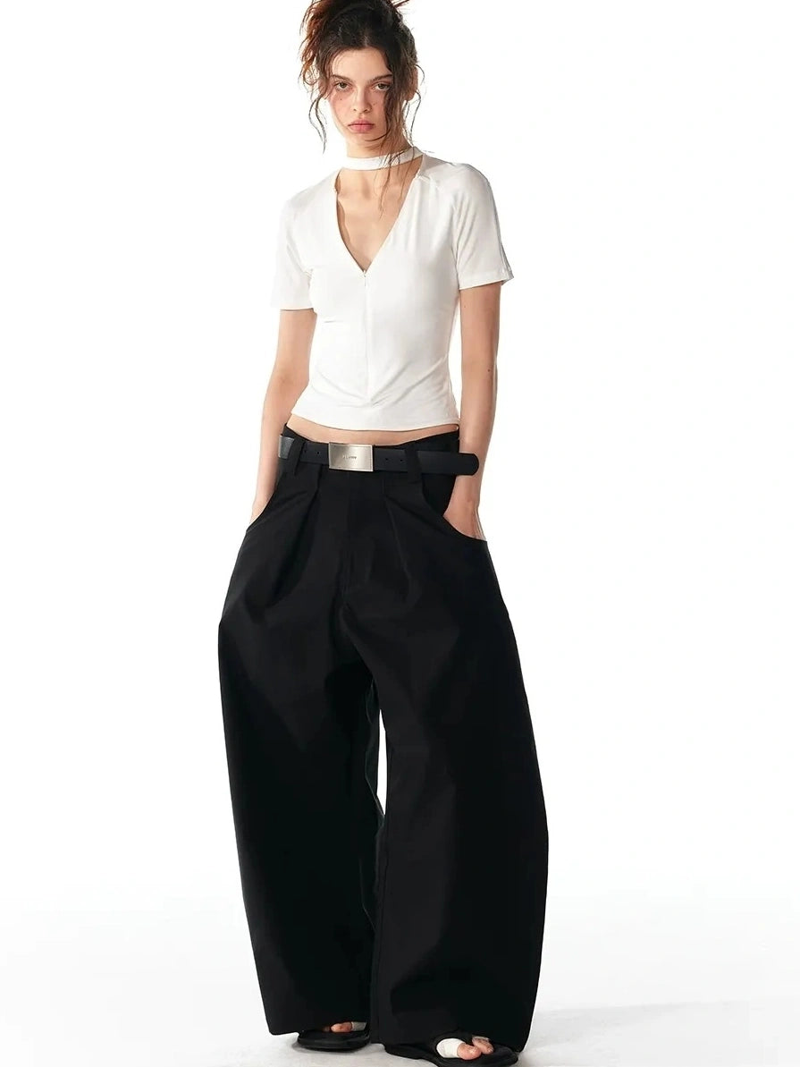 ALINNV STUDIO V-neck Zip Up Cropped T-shirt With Choker Neckline T-shirt