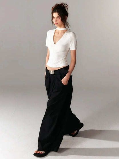 ALINNV STUDIO V-neck Zip Up Cropped T-shirt With Choker Neckline T-shirt