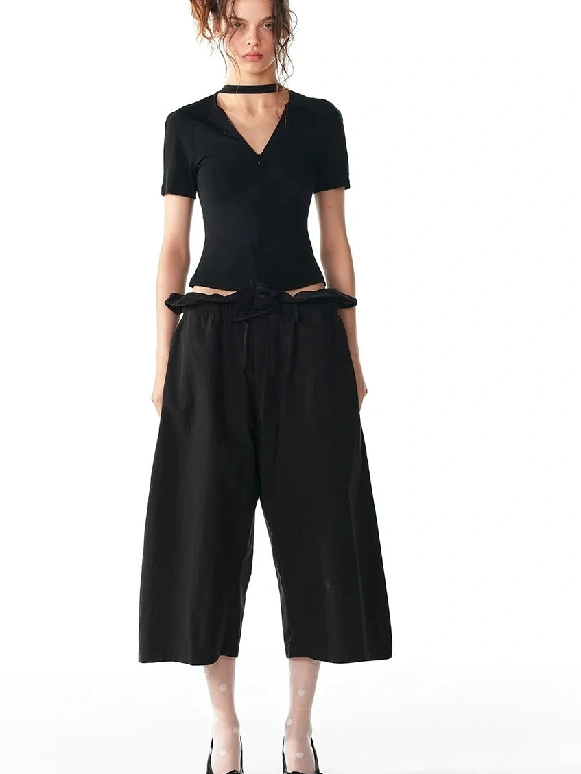 ALINNV STUDIO V-neck Zip Up Cropped T-shirt With Choker Neckline T-shirt