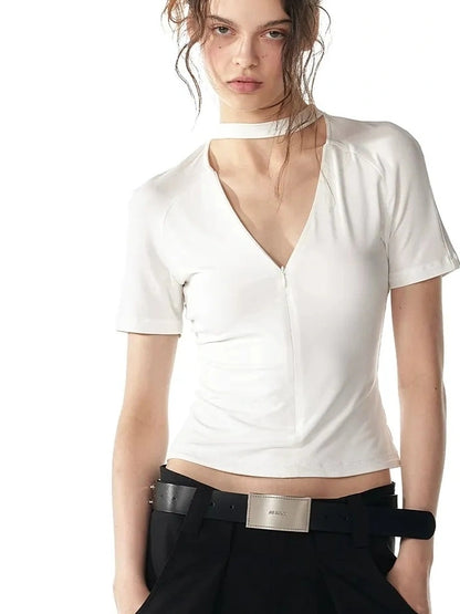 ALINNV STUDIO V-neck Zip Up Cropped T-shirt With Choker Neckline T-shirt