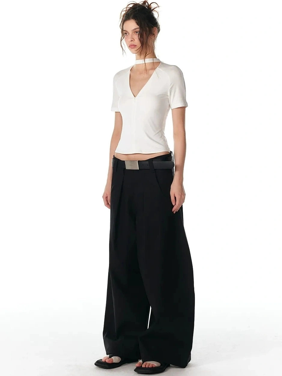 ALINNV STUDIO V-neck Zip Up Cropped T-shirt With Choker Neckline T-shirt