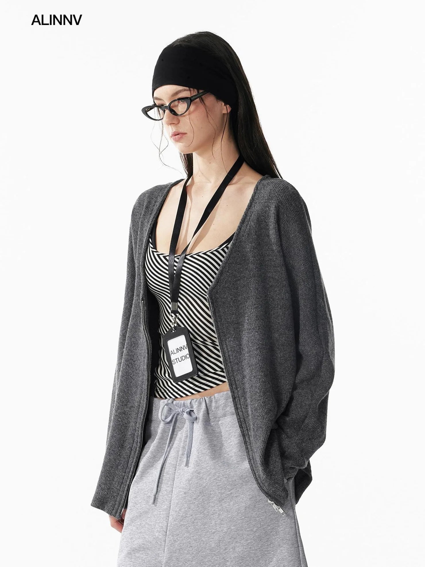 ALINNV STUDIO V-neck Zip Up Wool Knit Cardigan Cardigan