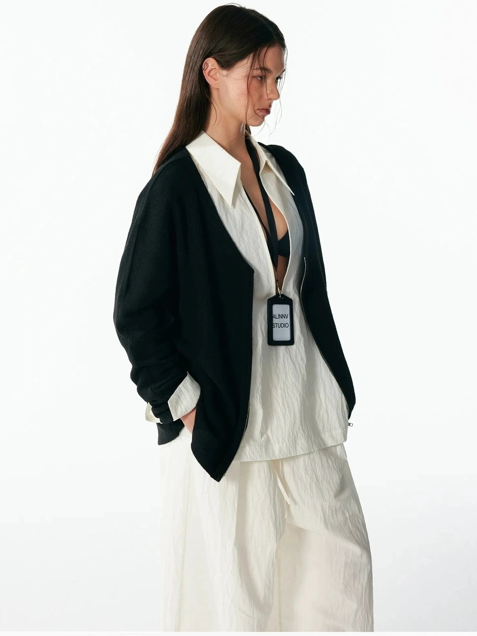 ALINNV STUDIO V-neck Zip Up Wool Knit Cardigan Cardigan