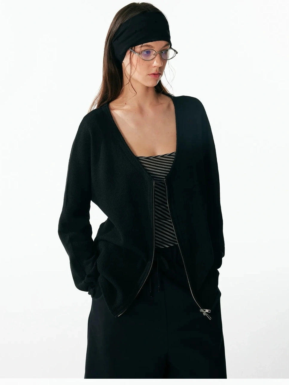 ALINNV STUDIO V-neck Zip Up Wool Knit Cardigan Cardigan