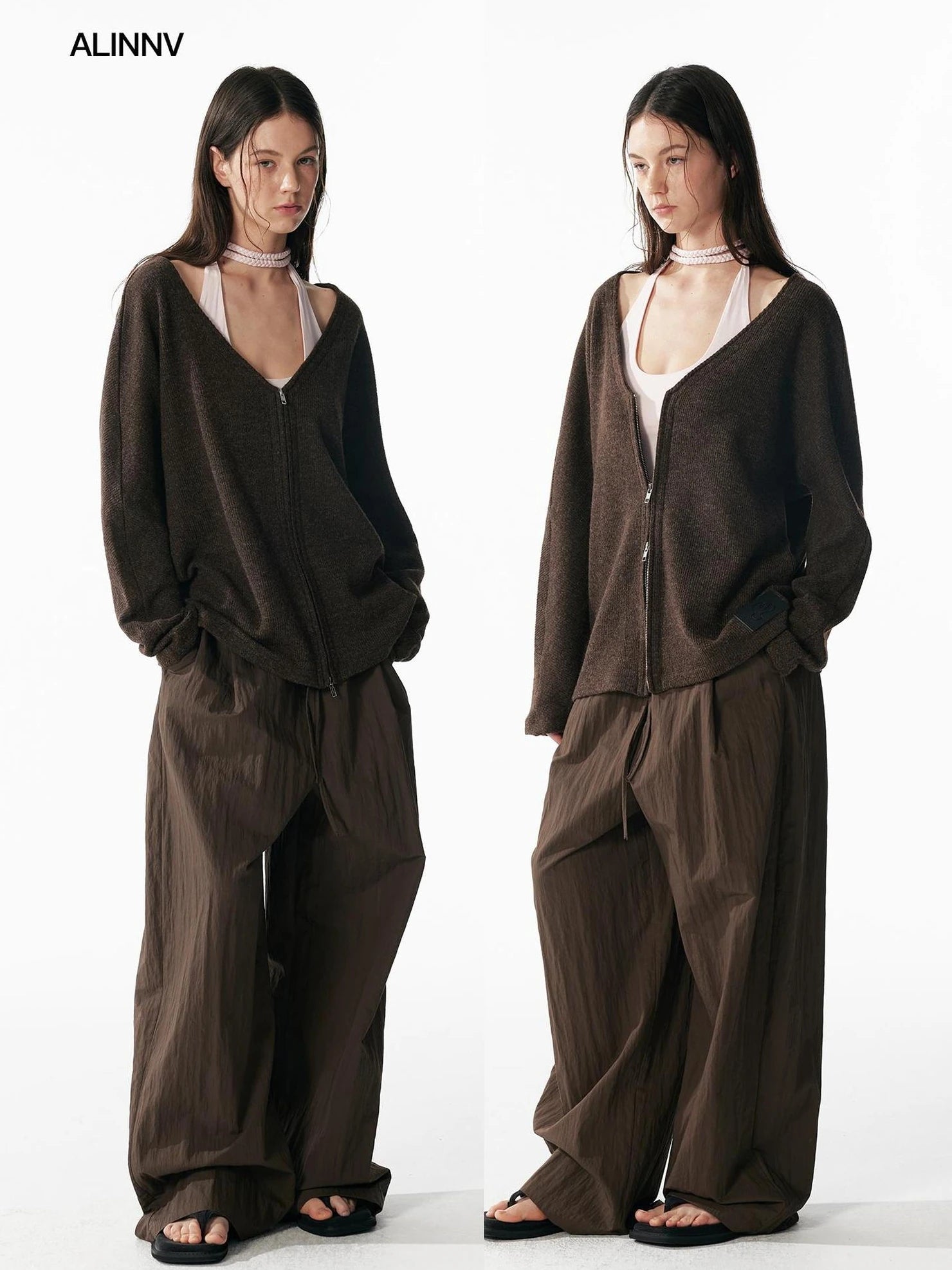 ALINNV STUDIO V-neck Zip Up Wool Knit Cardigan Cardigan