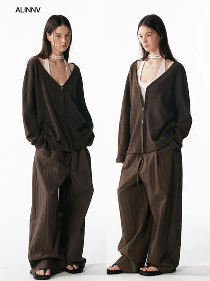 ALINNV STUDIO V-neck Zip Up Wool Knit Cardigan Cardigan