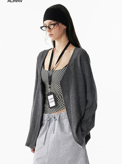 ALINNV STUDIO V-neck Zip Up Wool Knit Cardigan Cardigan