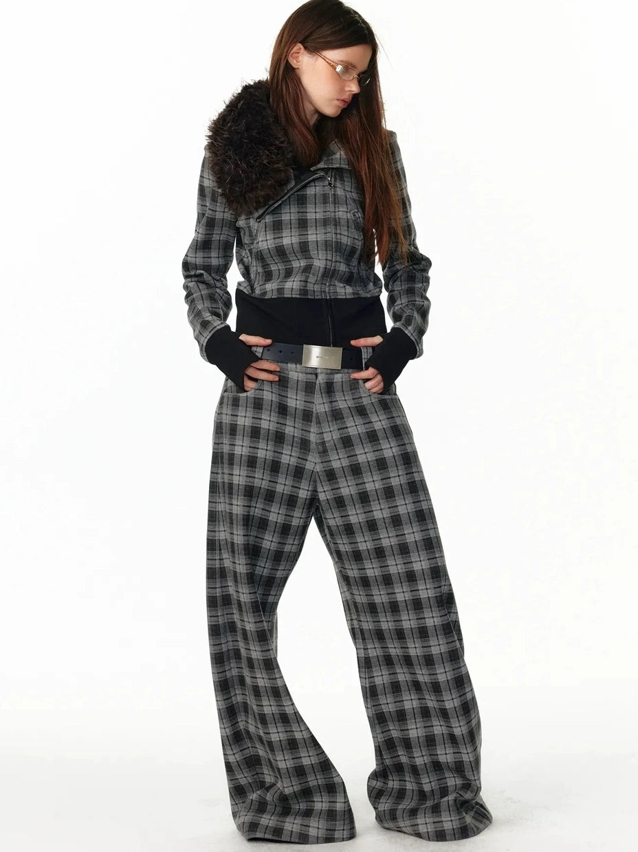 ALINNV STUDIO Vintage Check Detachable Faux Fur Lined Hoodie Coat Hoodies/Sweatshirt