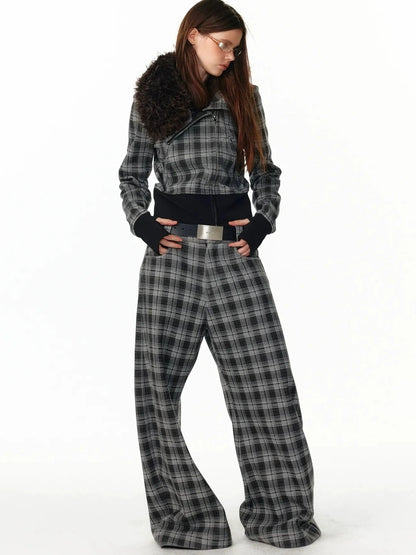 ALINNV STUDIO Vintage Check Detachable Faux Fur Lined Hoodie Coat Hoodies/Sweatshirt