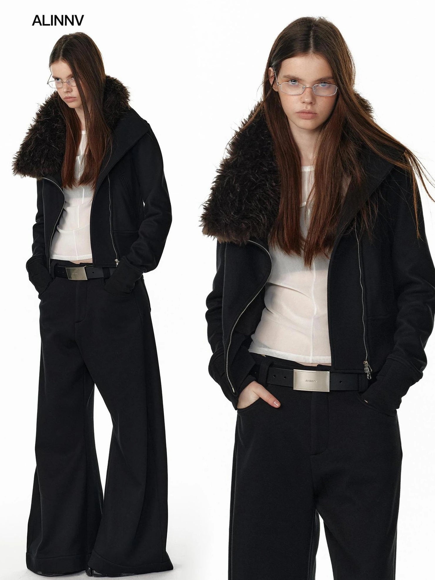 ALINNV STUDIO Vintage Check Detachable Faux Fur Lined Hoodie Coat Hoodies/Sweatshirt