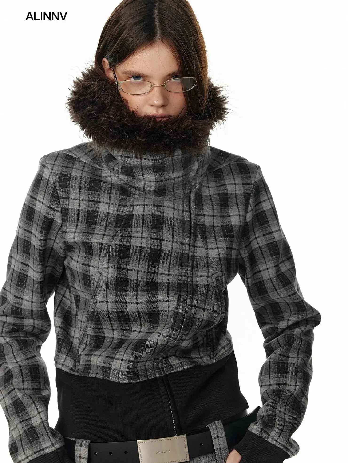 ALINNV STUDIO Vintage Check Detachable Faux Fur Lined Hoodie Coat Hoodies/Sweatshirt