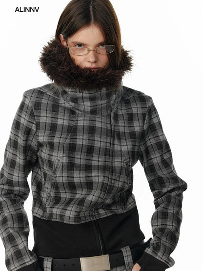 ALINNV STUDIO Vintage Check Detachable Faux Fur Lined Hoodie Coat Hoodies/Sweatshirt