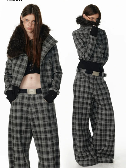 ALINNV STUDIO Vintage Check Detachable Faux Fur Lined Hoodie Coat Hoodies/Sweatshirt