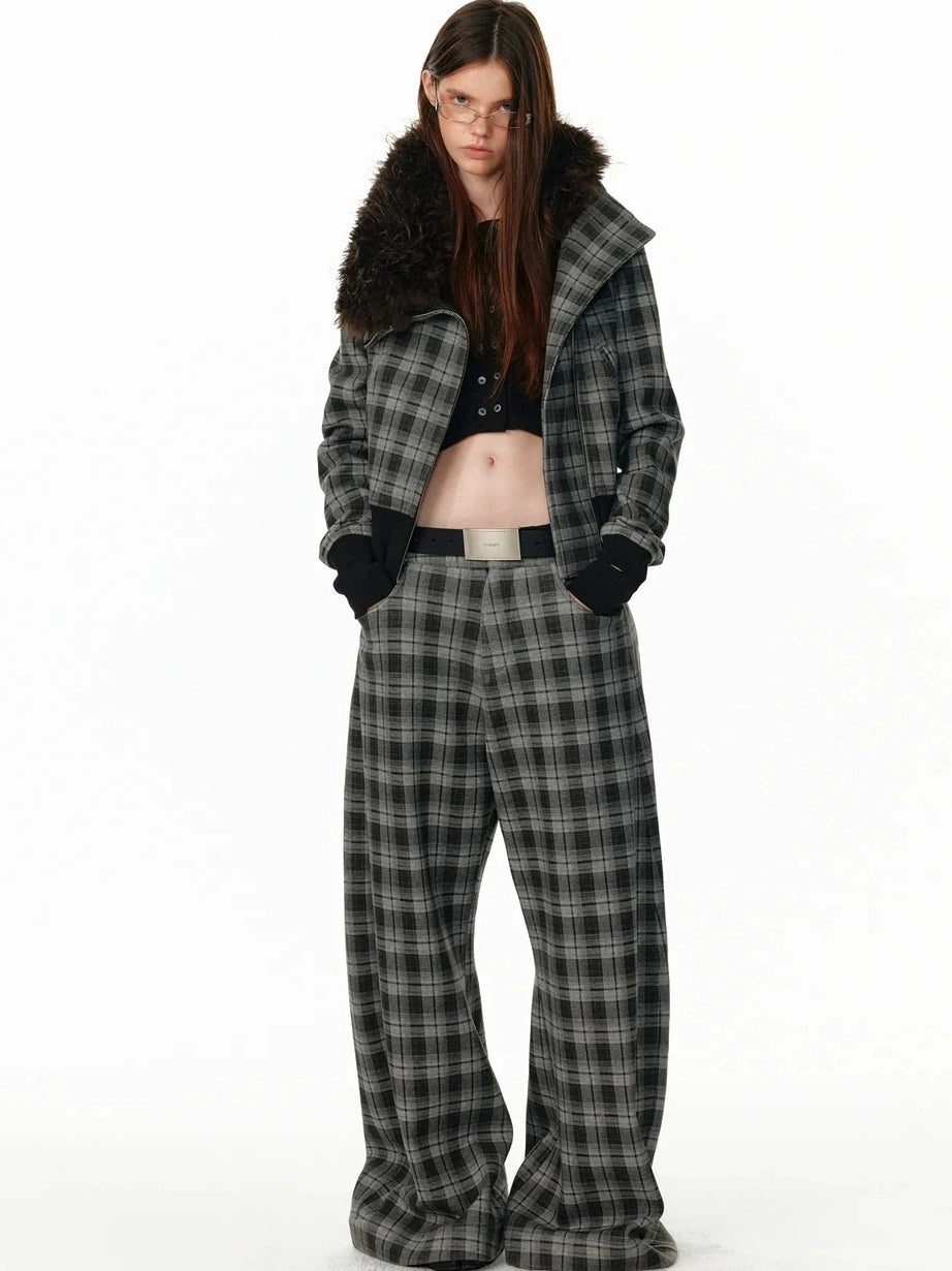 ALINNV STUDIO Vintage Check Detachable Faux Fur Lined Hoodie Coat Hoodies/Sweatshirt