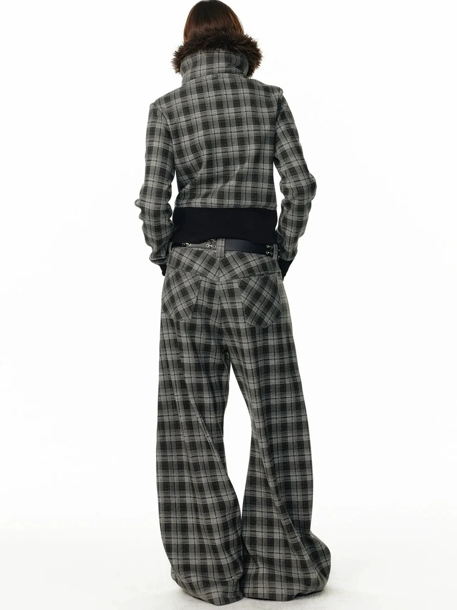 ALINNV STUDIO Vintage Check Detachable Faux Fur Lined Hoodie Coat Hoodies/Sweatshirt