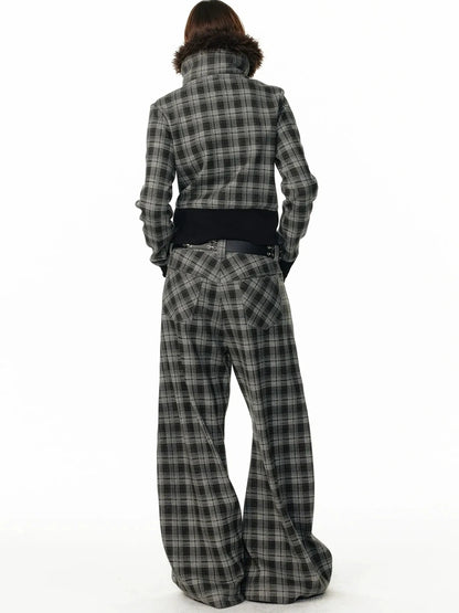 ALINNV STUDIO Vintage Check Detachable Faux Fur Lined Hoodie Coat Hoodies/Sweatshirt