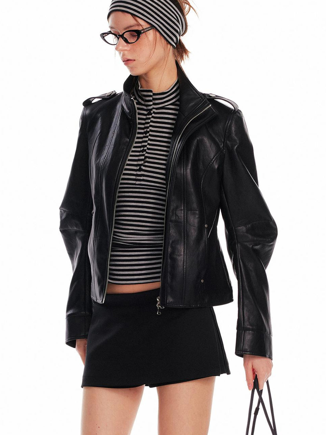 ALINNV STUDIO Vintage Leather Jacket With Studs Asymmetrical Sleeves