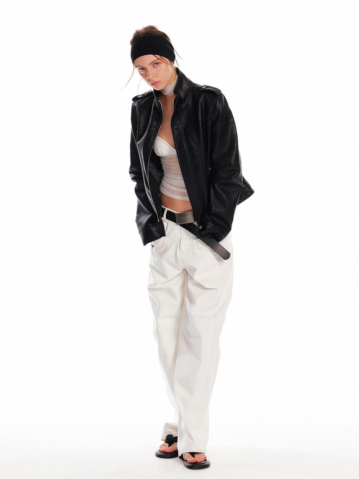 ALINNV STUDIO Vintage Leather Jacket With Studs Asymmetrical Sleeves