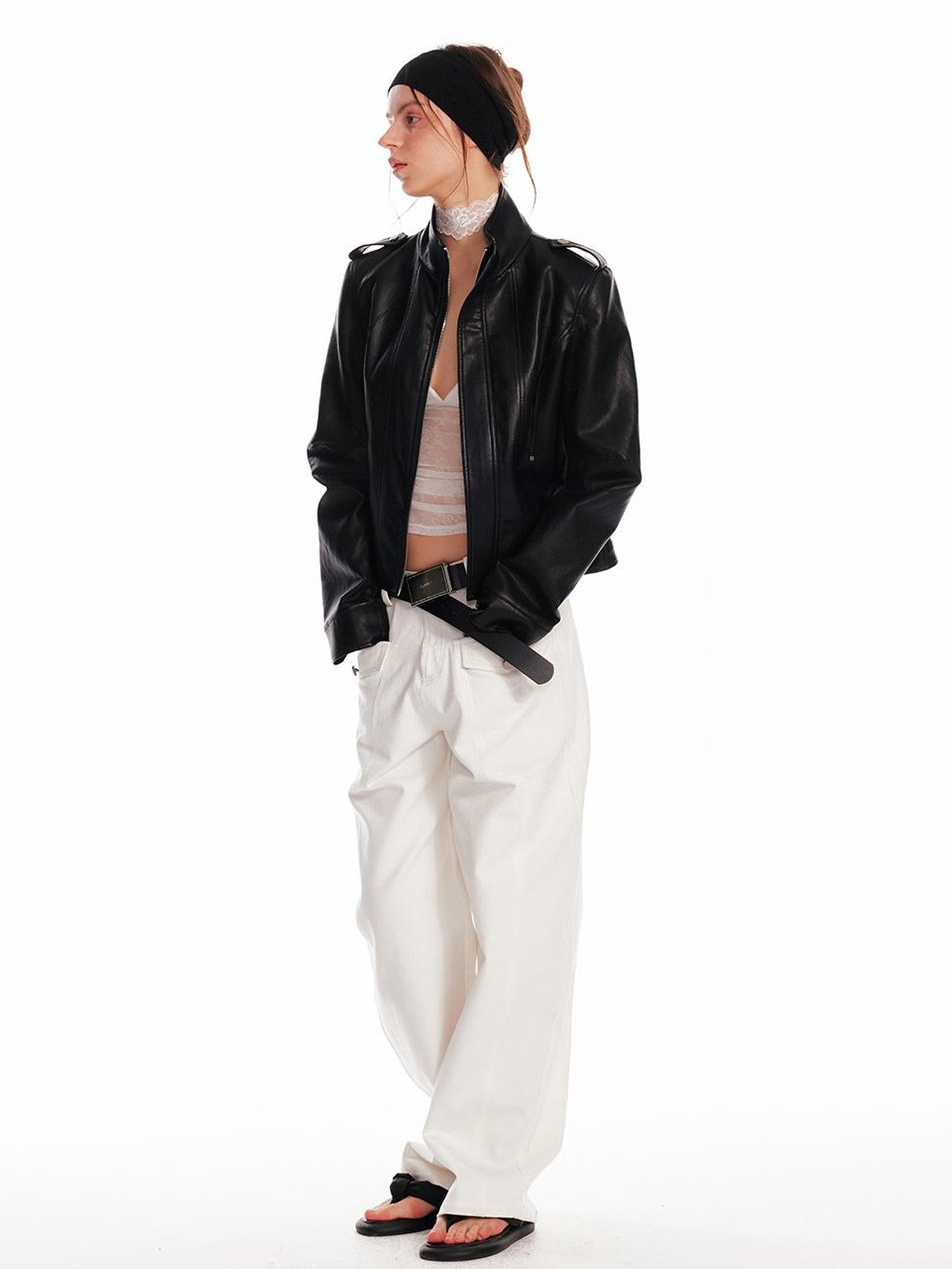 ALINNV STUDIO Vintage Leather Jacket With Studs Asymmetrical Sleeves