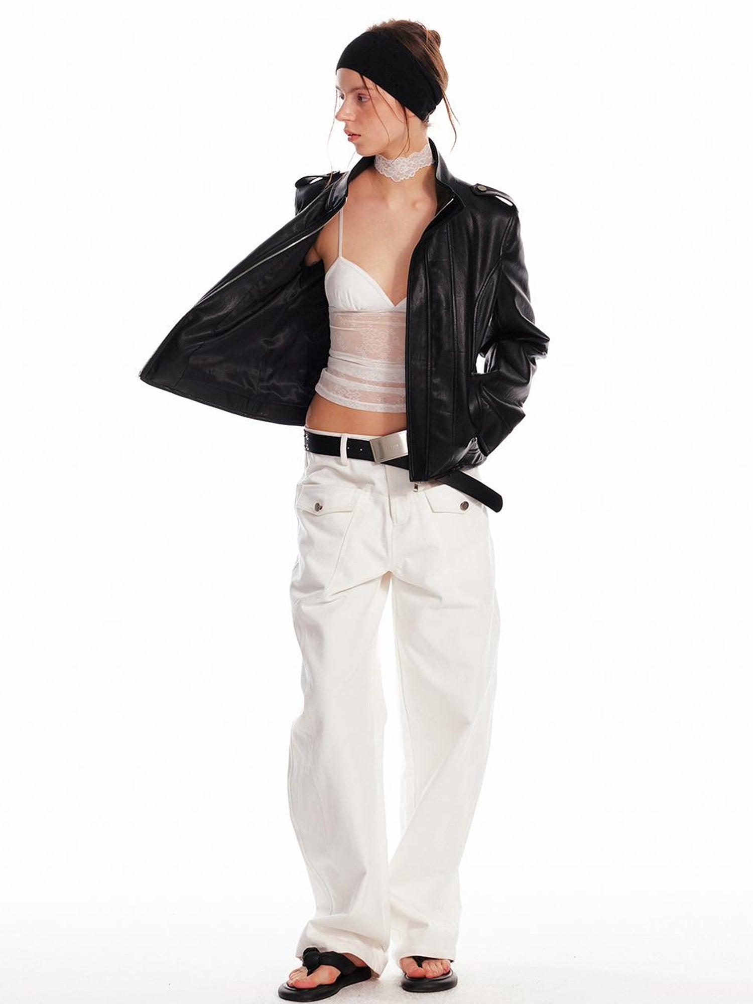 ALINNV STUDIO Vintage Leather Jacket With Studs Asymmetrical Sleeves