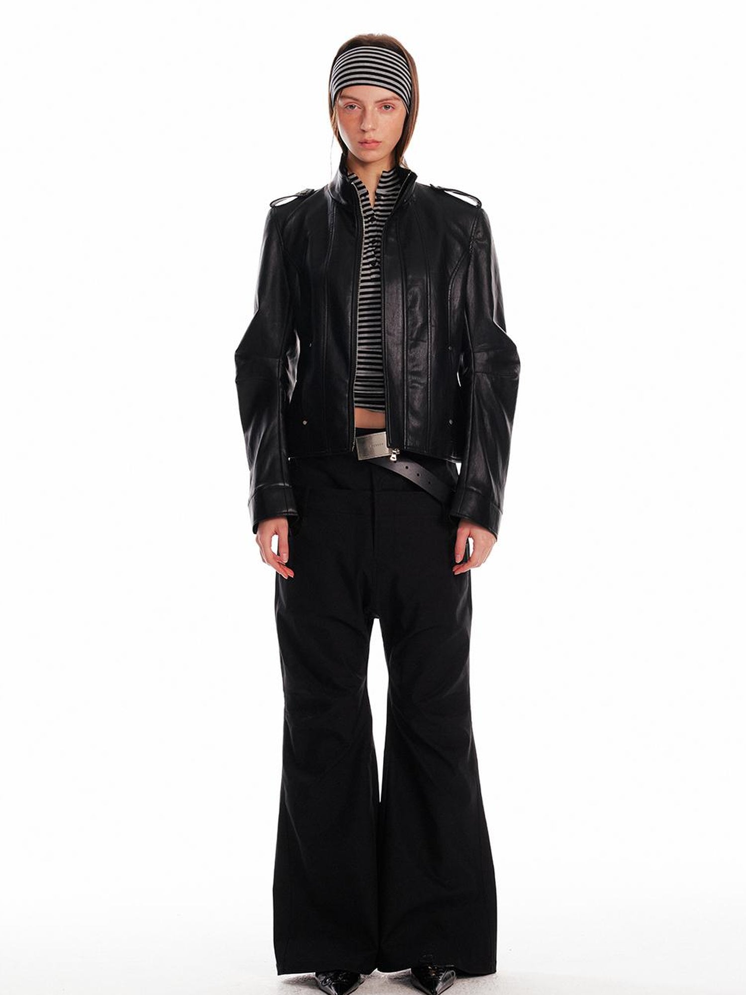 ALINNV STUDIO Vintage Leather Jacket With Studs Asymmetrical Sleeves