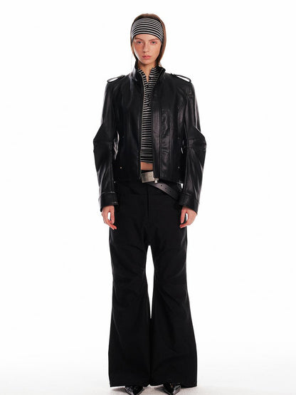 ALINNV STUDIO Vintage Leather Jacket With Studs Asymmetrical Sleeves