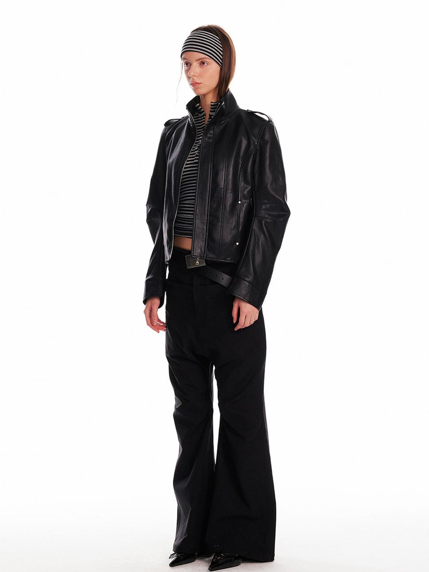 ALINNV STUDIO Vintage Leather Jacket With Studs Asymmetrical Sleeves