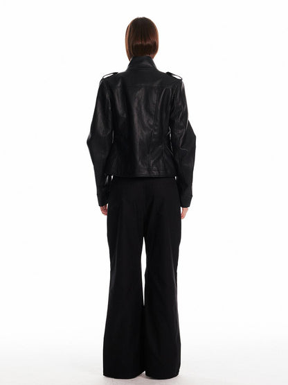 ALINNV STUDIO Vintage Leather Jacket With Studs Asymmetrical Sleeves