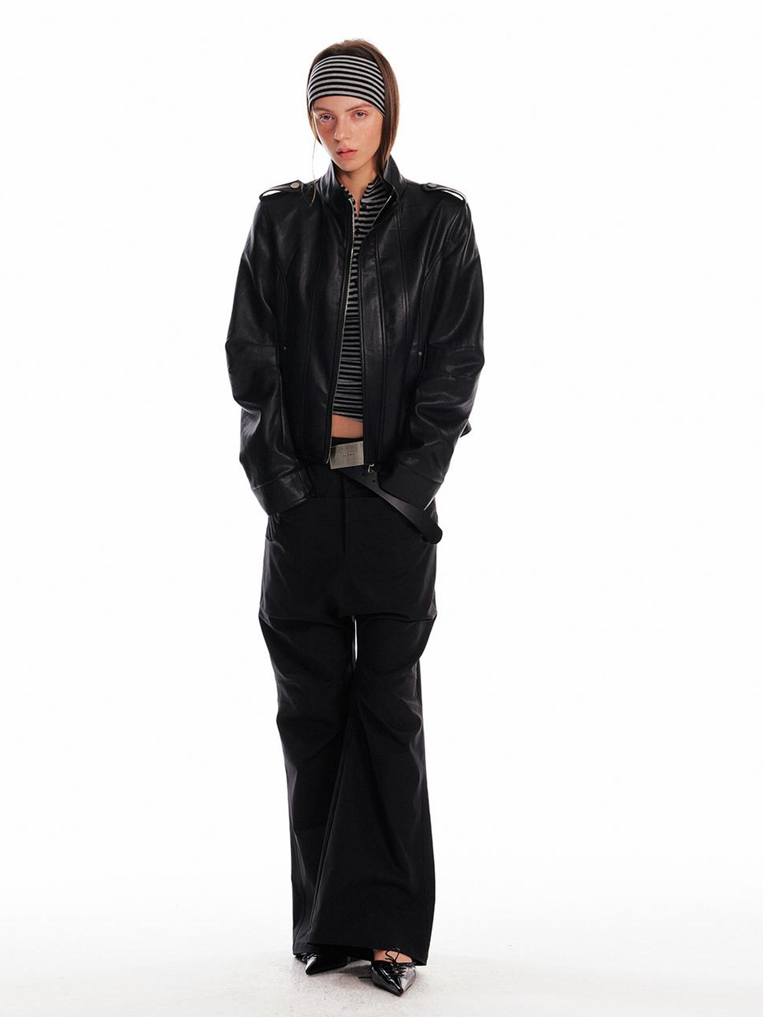ALINNV STUDIO Vintage Leather Jacket With Studs Asymmetrical Sleeves