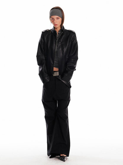 ALINNV STUDIO Vintage Leather Jacket With Studs Asymmetrical Sleeves