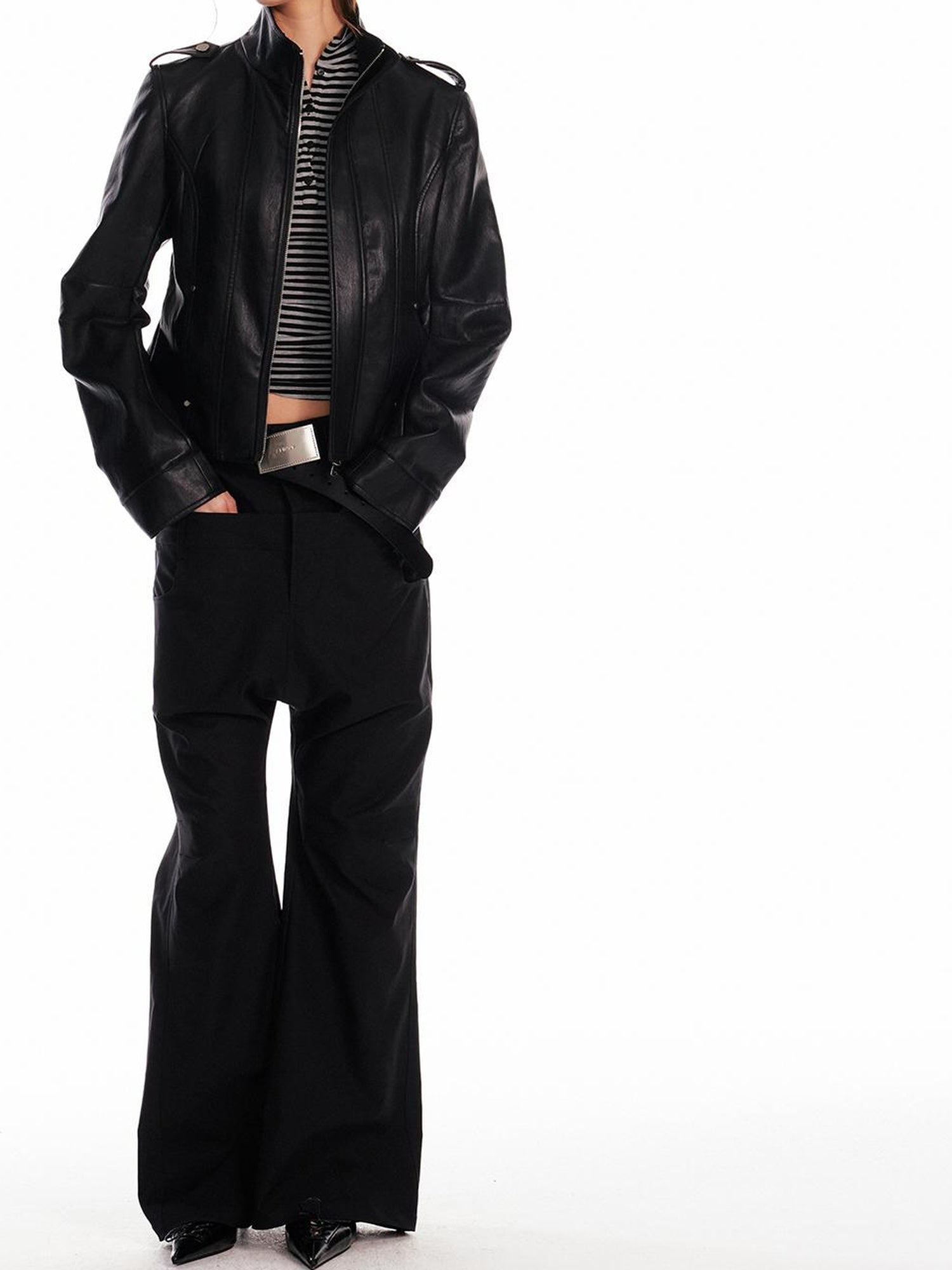 ALINNV STUDIO Vintage Leather Jacket With Studs Asymmetrical Sleeves
