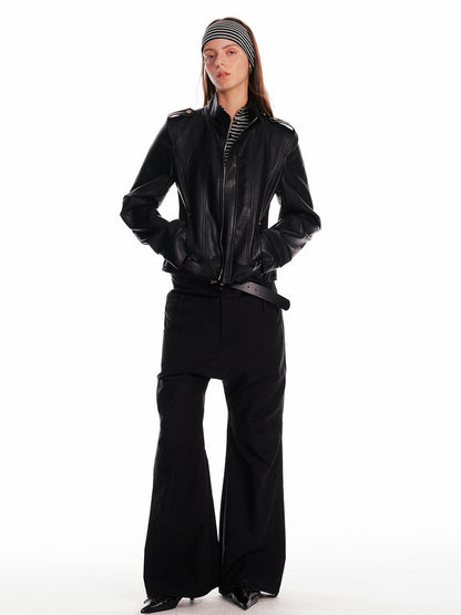 ALINNV STUDIO Vintage Leather Jacket With Studs Asymmetrical Sleeves
