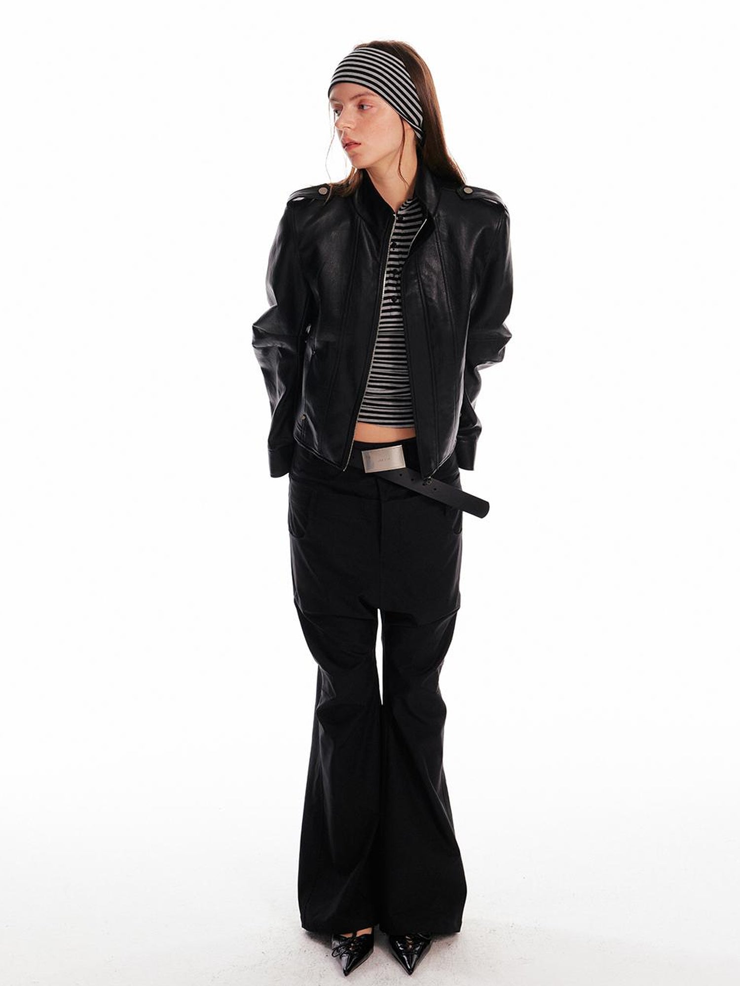 ALINNV STUDIO Vintage Leather Jacket With Studs Asymmetrical Sleeves