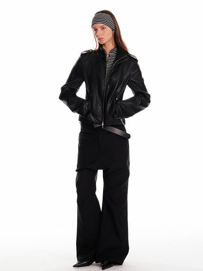 ALINNV STUDIO Vintage Leather Jacket With Studs Asymmetrical Sleeves