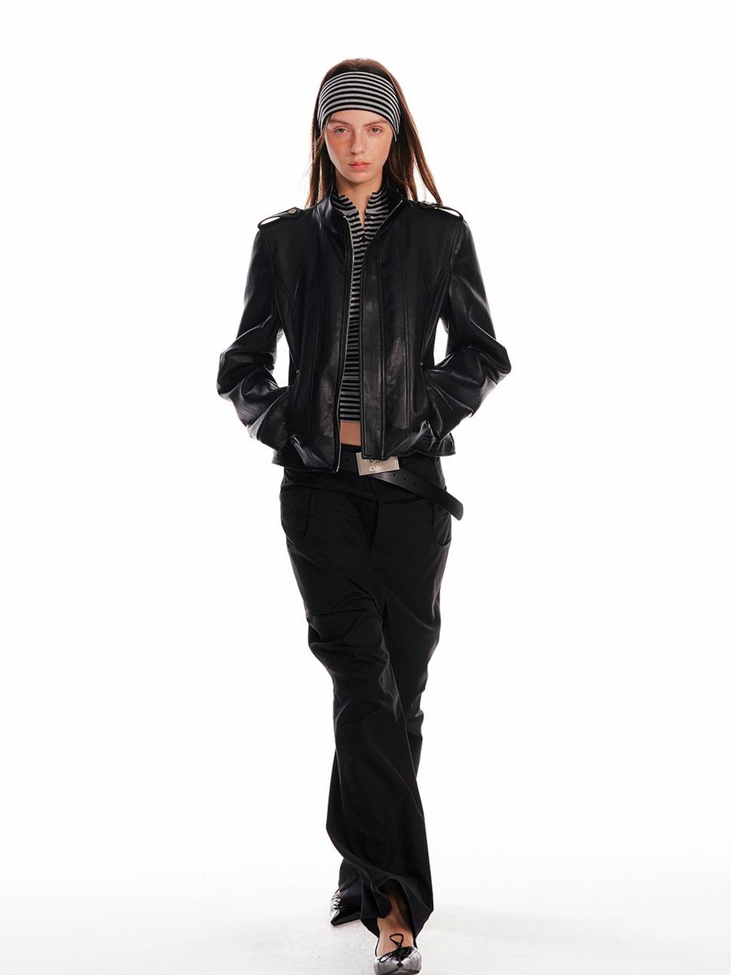 ALINNV STUDIO Vintage Leather Jacket With Studs Asymmetrical Sleeves