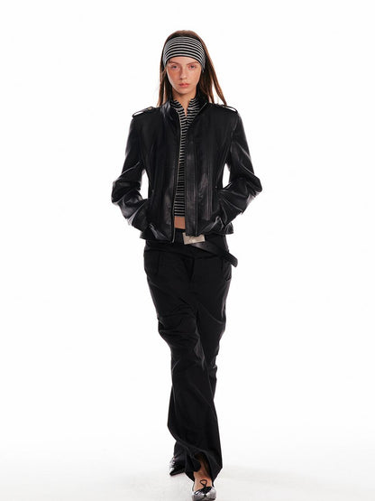 ALINNV STUDIO Vintage Leather Jacket With Studs Asymmetrical Sleeves