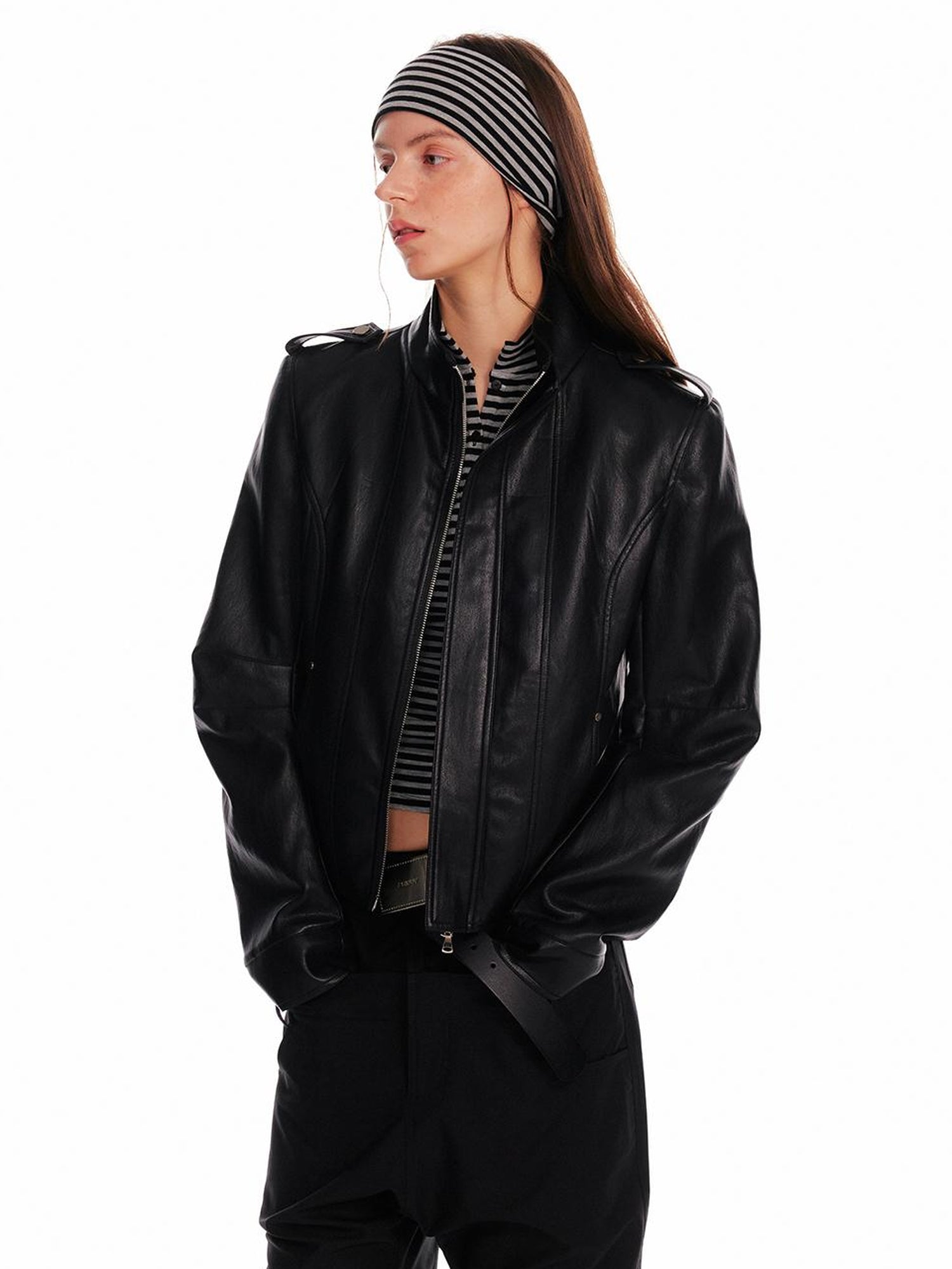 ALINNV STUDIO Vintage Leather Jacket With Studs Asymmetrical Sleeves