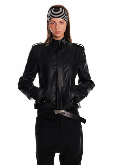 ALINNV STUDIO Vintage Leather Jacket With Studs Asymmetrical Sleeves