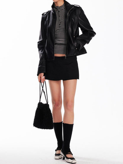 ALINNV STUDIO Vintage Leather Jacket With Studs Asymmetrical Sleeves