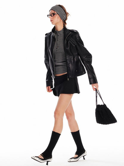 ALINNV STUDIO Vintage Leather Jacket With Studs Asymmetrical Sleeves